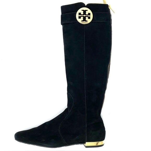 Tory Burch Knee-high riding Boots Size 7.5 Black Suede Leather w Logo - Picture 1 of 9